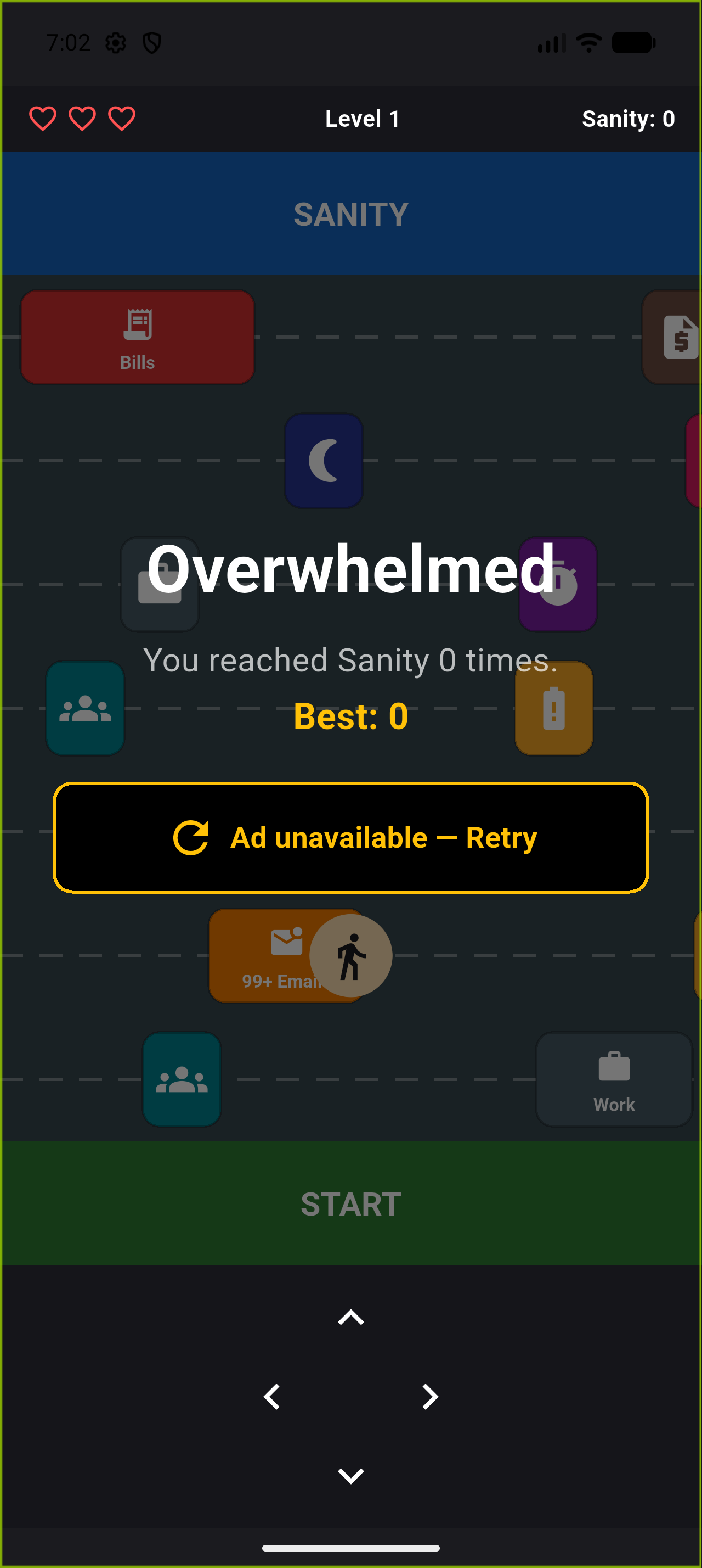 Anxiety Crossing game over screen reading Overwhelmed, with the player's best Sanity streak.