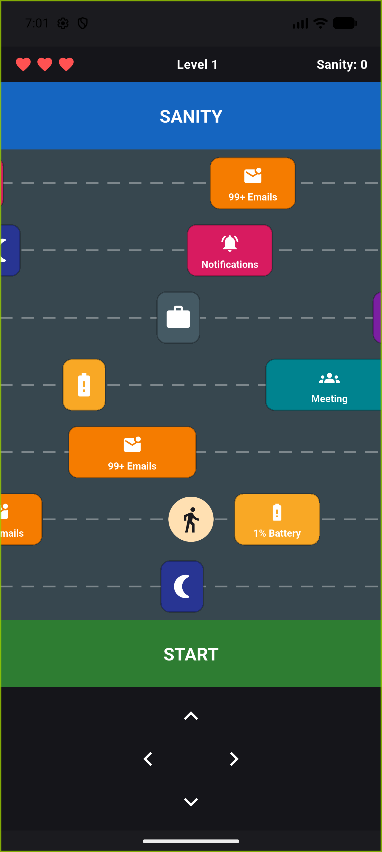 Anxiety Crossing gameplay screen showing lanes of bills, emails, meetings and notifications to dodge.