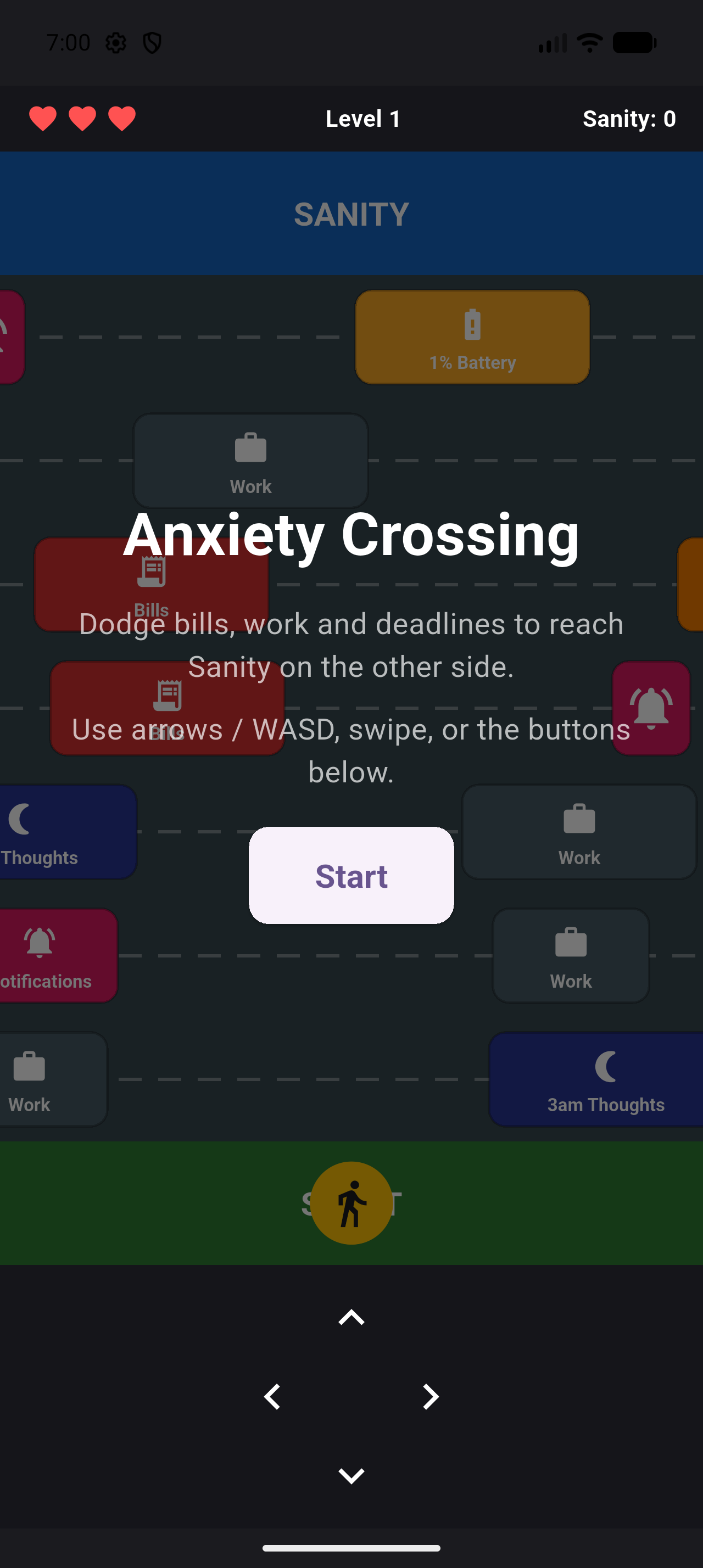 Anxiety Crossing title screen, showing the game's start menu over a road of oncoming stressors.
